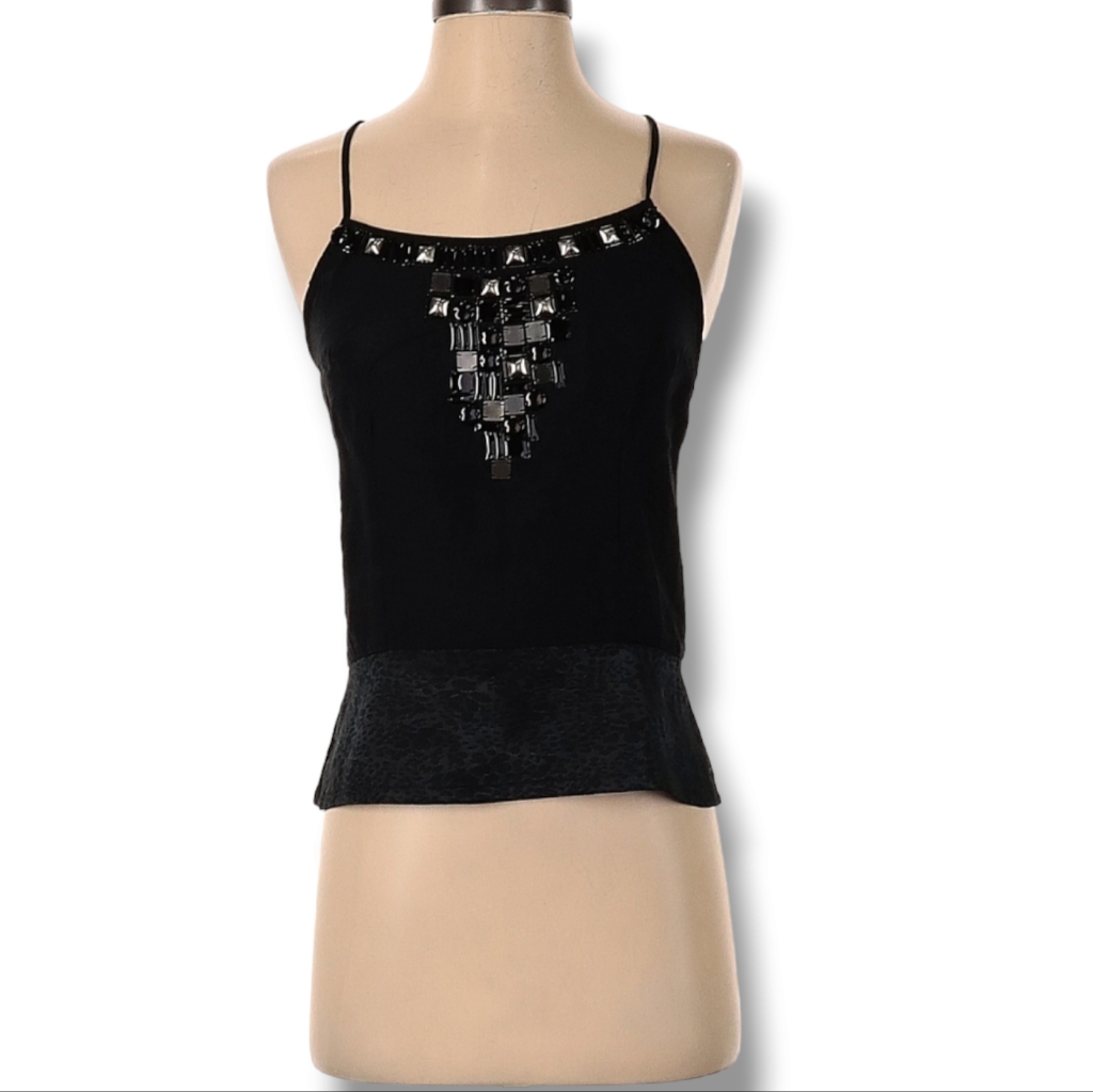 Bcbgmaxazria Sleeveless Blouse Size Xxs Black Beaded Animal Print Peplum Hem